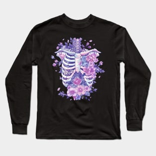 Pastel Goth Kawaii Floral Ribcage Creepy Cute Aesthetic Long Sleeve T-Shirt